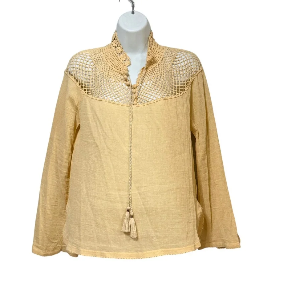 Free People Yellow Cotton Gauze Crochet Yoke Tassel Boho Top XS